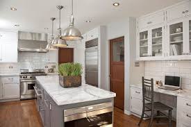 Los Angeles White Carrara Marble Kitchen Traditional With Polished Nickel Pendant Light Fixtures Incandescent Lights Shaker Style Cabinet Doors