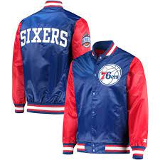 Philadelphia 76ers Starter Satin Full Snap Jacket Royal Red Jackets Philadelphia 76ers Royal Red