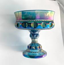 Blue Purple Carnival Indiana Glass Compote Pedestal Dish Bowl 1970's  Vintage Retro King's Crown Pattern Gift Idea Free Shipping