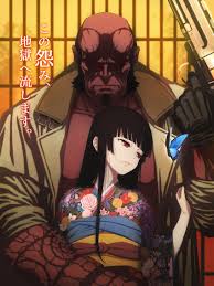 unknown showhey, enma ai, hellboy, hellboy (comic), jigoku shoujo,  absurdres, highres, translated, 1boy, 1girl, black hair, blue butterfly,  broken horn, bug, butterfly, crossover, demon, demon boy, gloves, gun,  handgun, horns, insect, jacket, japanese clothes ...
