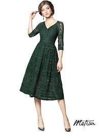Green V Neckline Hollow Out Lace Dress
