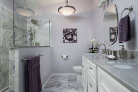 It includes a floating vanity adjacent to the french door that's paired with a frameless mirror lighted by wall sconces. Purple And Gray Bathroom Contemporary Bathroom St Louis By Swat Design Team For Decorating Den Houzz Uk