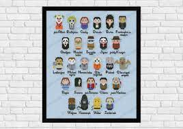 Artecy cross stitch has another new website for the fantastic new craft of pixelhobby we can convert most of our cross stitch patterns over to pixelhobby format, best of all it takes you much less time to complete pixelhobby than cross stitch and there is no counting, or threading needles involved. Horror Movies Alphabet Sampler Digital Cross Stitch Pattern