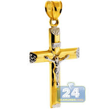 Crafted in solid 14k gold with a high polish finish. Real 10k Two Tone Gold Crucifix Cross Mens Pendant 1 9