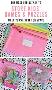 Ditch the puzzle boxes to free up space just make sure that you have cut off the picture and number that tells you the number of pieces in the puzzle. A Brilliant Space Saving Storage Idea For Games And Puzzles Free Printable Labels Kate Decorates