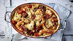 Baked Chicken Prawn And Chorizo Rice Recipe Recipe In 2020 Bbc Food Risotto Recipes Recipes