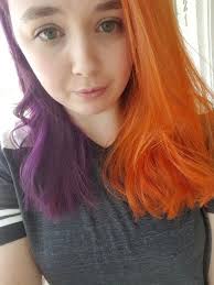 Orange And Purple Bright Hair Rainbow Hair Split Dyed Hair Aveda Colors Aveda Salon Split Dyed Hair Bright Hair Hair Color Pink