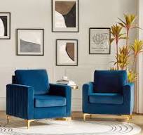 Velvet Upholstered Club Accent Chairs Set of 2 Lounge Armchairs Single Sofa  Removable Backrest Golden Legs Home Living Room Blue