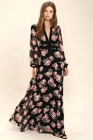 Heritage Rose Black Floral Print Maxi Dress Maxi Dress Black Long Sleeve Dress Printed Maxi Dress