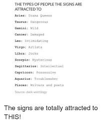 Scorpios are also investigators at heart, who seek deeper meaning and enjoy exploring the psychology of themselves and others around them. The Types Of People The Signs Are Attracted To Aries Drama Queens Taurus Dangerous Gemini Wild Cancer Damaged Leo Intimidating Virgo Artists Libra Jocks Scorpio Mysterious Sagittarius Intellectual Capricorn Possessive Aquarius Troublemaker