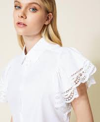 Poplin shirt with lace Woman, White