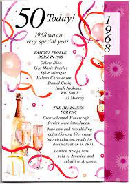 Spoil the special woman in your life on her 50th birthday with our unique gifts for her. Fiftieth 50th Birthday 1968 Card Female Free 1st Class Post Uk 50th Birthday Greetings Cards Birthday Greeting Cards