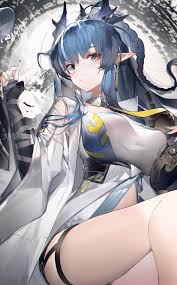 yushe quetzalli, ling (arknights), arknights, absurdres, chinese  commentary, commentary request, highres, 1girl, abstract background, bare  shoulders, black gloves, blue hair, blue nails, braid, breasts, closed  mouth, cup, detached collar, detached 
