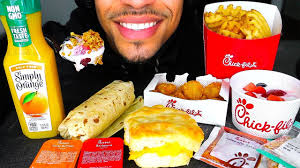 ASMR CHICK-FIL-A MUKBANG JERRY EATING BREAKFAST MENU BURRITO PARFAIT WAFFLE  FRIES EGG CHEESE BISCUIT