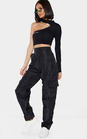 Black Shell Straight Cargo Pocket Joggers Prettylittlething