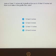 1 inch is equal to 1/12 feet: Jada Is 3 Feet 11 Inches Tall A Giraffe At The Zoo Is 16 Feet 10 Inches Tall How Much Taller Is The Brainly Com