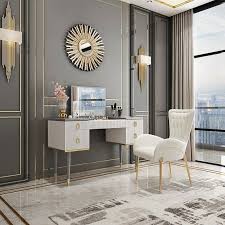 4 Drawer Makeup Vanity Table With Flip Top Mirror White Gray In 2020 Black Living Room Vanity Table Dressing Table Design