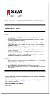 Head Of Leasing At Seylan Bank Plc Career First Air Force Jobs Bank Jobs Job