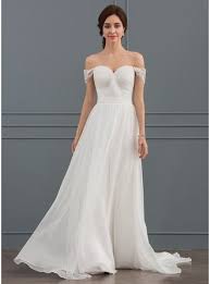 Us 199 00 A Line Princess Off The Shoulder Sweep Train Chiffon Lace Wedding Dress With Ruffle Jj S House Ruffle Wedding Dress Wedding Dresses Lace Online Wedding Dress