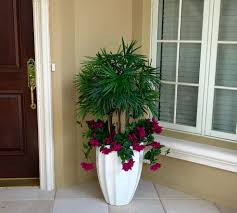 Florida's warm and hospitable climate not only draws in retirees. A Florida Entryway Set Back In Shade Is Able To Have Natural Looking Greenery And Tropical Flowers With Potted Plants Outdoor Door Planter Front Door Planters