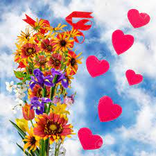 1307 221 daisies heart flowers. Flowers And Hearts On Sky Background Stock Photo Picture And Royalty Free Image Image 71717532