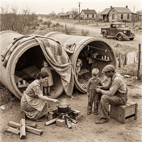 1930s Family's Makeshift Home in Large Cement Pipes During the Great  Depression