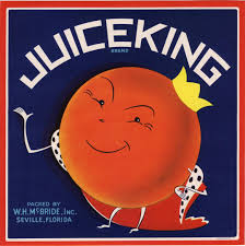Original Vintage Florida Citrus Crate Label C1930s Juice King  Anthropomorphic Seille Orange 9x9"