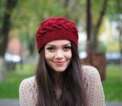 Boho Cable Knit Hat Ladies Burgundy Red Warm Winter Head Wrap Cable Knit Beanie French Modern Cap Cable Knit Hat Knitted Hats French Hat