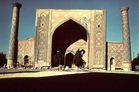 They are located on the east and west edges of the building. Madrasah I Ulugh Beg Samarkand Archnet
