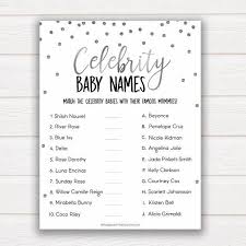 The host reads the baby names direct from the master list (but not the parent's name in brackets) and guests write it next to the name of the celebrity they think is that child's parent. Silver Glitter Celebrity Baby Names Printable Baby Games Etsy Baby Name Game Celebrity Baby Names Baby Shower Fun
