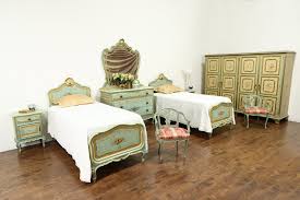 Heavily distressed antique nightstands, bedside or end tables, painted in warm shabby french blue. Hand Painted Antique Italian 5 Pc Bedroom Set Twin Beds 36140 Harp Gallery Antiques Furniture