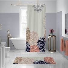 Chrysanthemum Shower Curtain Bath Mat Set In Blue And Pink Floral Shower Curtains Modern White Bathroom Stylish Bathroom