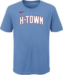 An awesome, blue cartoon rocket with red wings, a red nose and a small round window. Nike Youth 2020 21 City Edition Houston Rockets Logo T Shirt Dick S Sporting Goods