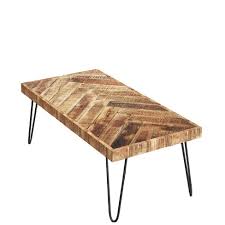 The distinctive hairpin legs make for a sleek and streamlined look. Mindful Living Rustic Farmhouse Mid Century Modern Fusion Mango Wood Top And Iron Hairpin Legs Chevron Pattern Rectangular Accent Coffee Table Beige Target