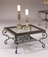 Giordino Square Coffee Table W Scroll Metal Frame Glass Top W Faux Leather Border Mirrored Coffee Tables Bassett Mirror Coffee Table