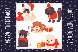 Christmas greeting card with happy winter pug dog wearing in the knitted sweater, vector illustration. Christmas Dogs Cartoon Cute Set Pre Designed Photoshop Graphics Creative Market