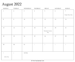 Printable August Calendar 2022 With Holidays