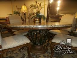 Drexel Heritage Dining Table With Thick Marble Top Resting On A Wood Plank And A Gold Scrolled Metal Base Six 6 Upho Dining Table Table Round Dining Table