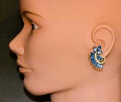 Vtg 50s Signed ASTRA JOEPH WIESNER Blue Baguette Rhinestones Clip-On  Earrings
