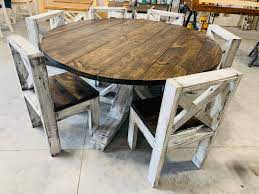 It's tagged by farmhouse style dining table and published by in ideas field. 5ft Round Rustic Farmhouse Table With Chairs Single Pedestal Style Base Dark Walnut Top With Distressed White Base Wooden Dining