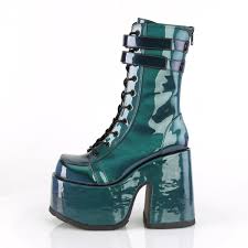 These vegan boots are available in purple hologram vegan leather. Camel 250 Demonia Platform Lace Up Mid Calf Boot Double Straps Purple Green Patent High Heels Discount Ueber 5000 High Heels Gr 35 47