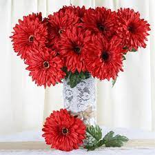 4 Bush 28 Pcs Red Gerbera Daisy Artificial Flowers Artificial Flowers Wedding Artificial Flowers And Plants Wedding Vase Centerpieces