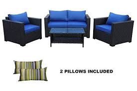4 Piece Outdoor Wicker Rattan Sofa Patio Garden Conversation Cushioned Seat Furniture Set Royal Blue Cushion Modern An Blue Cushions Rattan Sofa Outdoor Wicker