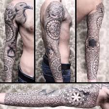Another Amazing Dotstolines Geometric Dotwork Sleeve With Roses And Mandalas And A Bird Dovme Tasarimlari Tattoo