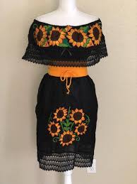 Black Off The Shoulder Sunflower Embroidery Mexican Dress Vestido Campesina Bordado Fiesta Dress Sunflower Dress Mexican Outfit Mexican Dresses Mexican Embroidered Dress