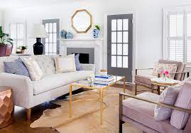 Gray sofa and accent chairs. Light Gray Sofa With Pink Chairs And Gold Coffee Table Transitional Living Room