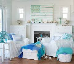 Turquoise Sea Green White Beach Cottage Summer Mantel Cottage Design Interior Cottage Style Living Room Coastal Decorating Living Room