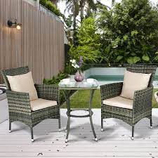 Costway 3 Pz Tavolo E 2 Sedie In Rattan Con Cuscini In Rattan E Ferro Grigio Sku Hw54828 Mobili Da Balcone Mobili Per Terrazza Sedie Da Giardino