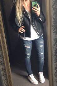 Spring Outfit Ripped Jeans Converse Leather Jacket White T Shirt And Jeans Zara Jacket Outfit Ripped Jeans Outfits Clothes