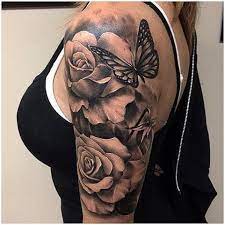Black And White Magnolia Forearm Sleeve Tattoo In A Realistic Style Armtattoodesigns Click Now Rose And Butterfly Tattoo Tattoos Half Sleeve Tattoo